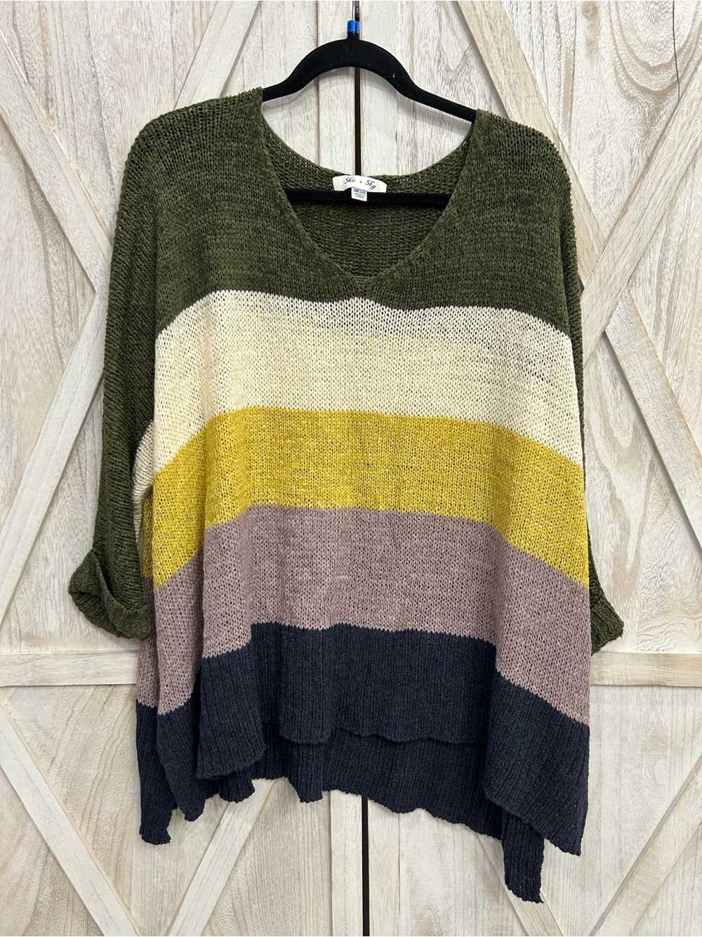Olive Multi-Stripe V-Neck Sweater